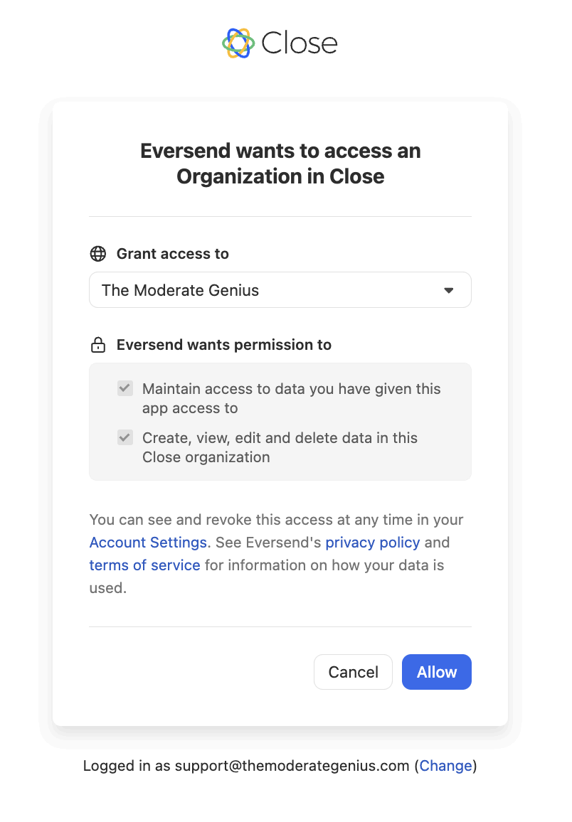 Close CRM OAuth authorization screen