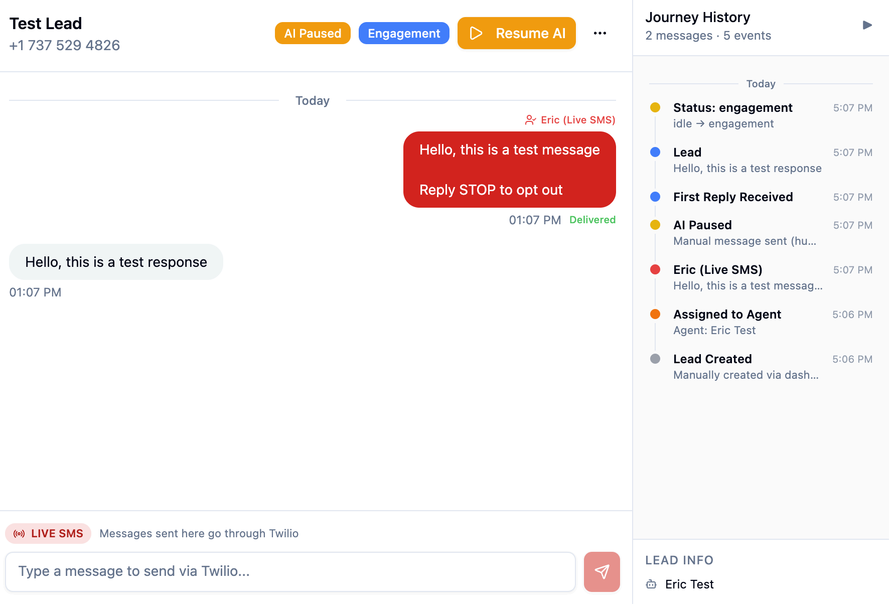 Full EverSend SMS conversation synced to Close
