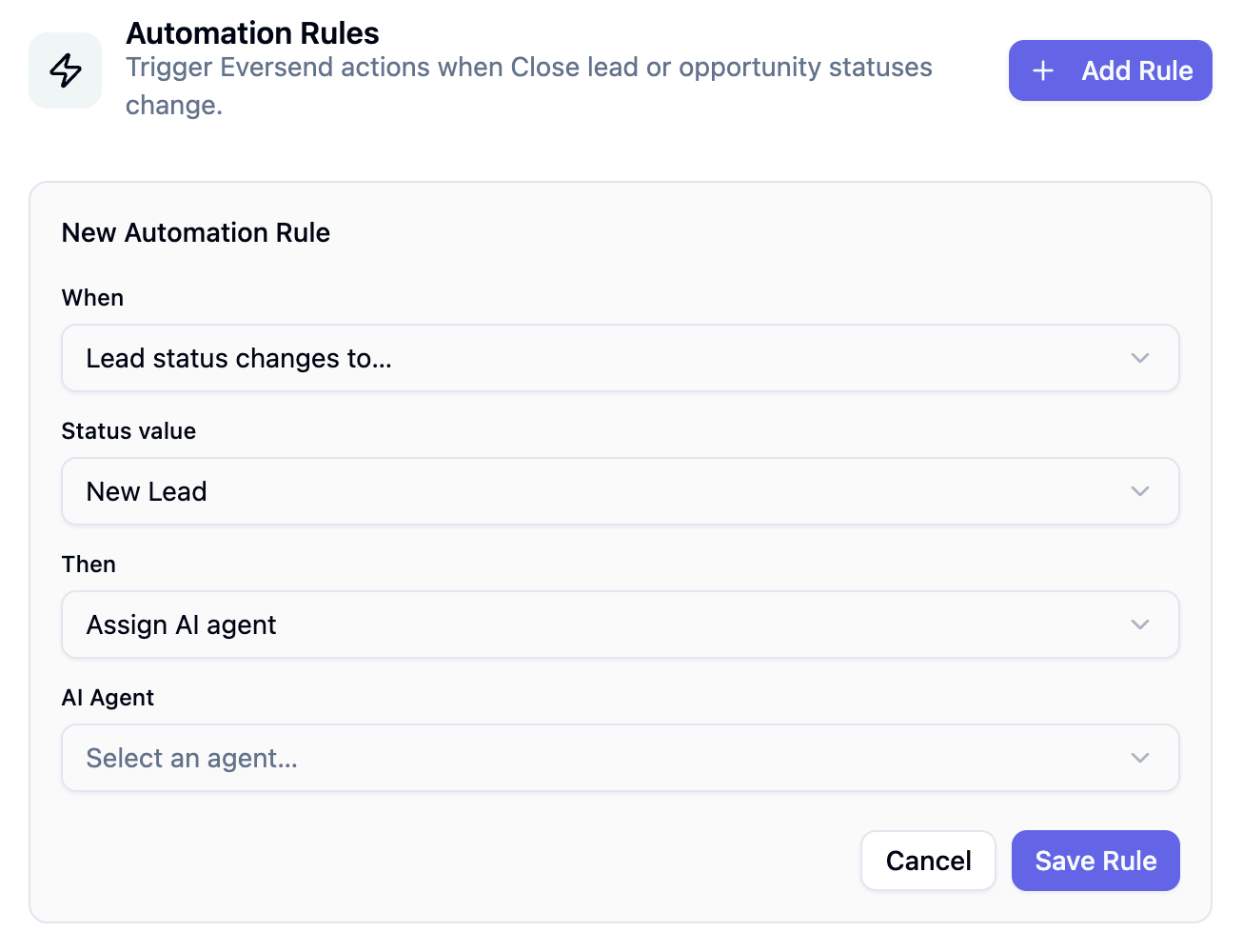 EverSend automation rule that assigns a Close lead to an AI agent