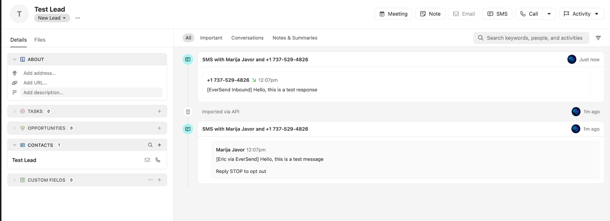 SMS conversation appearing on a Close lead timeline
