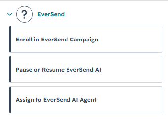 EverSend action picker inside a HubSpot workflow