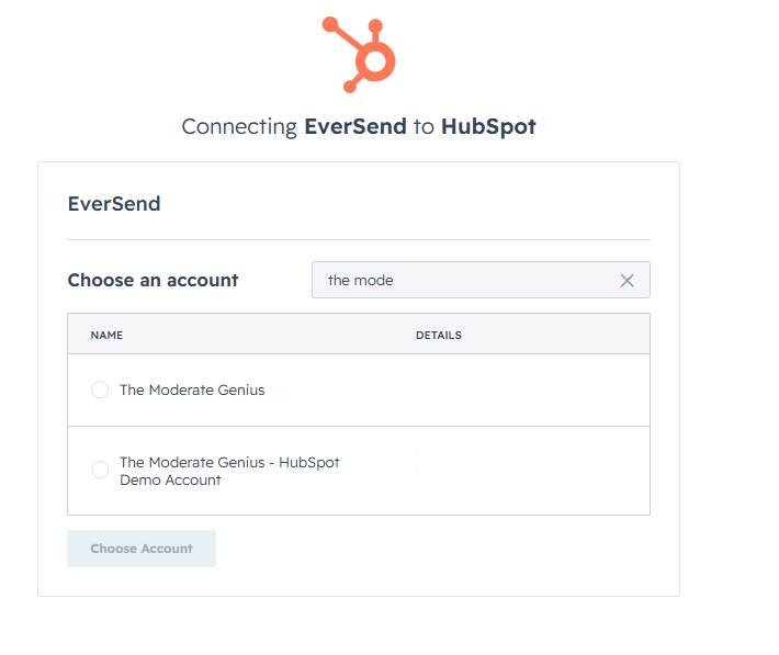 HubSpot account authorization screen