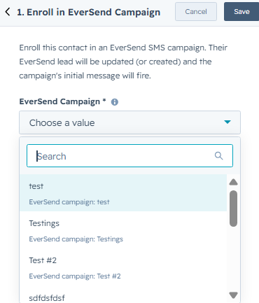 Enroll contact in EverSend Campaign action configuration