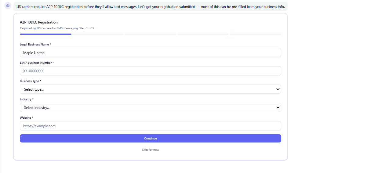 A2P 10DLC compliance registration screen