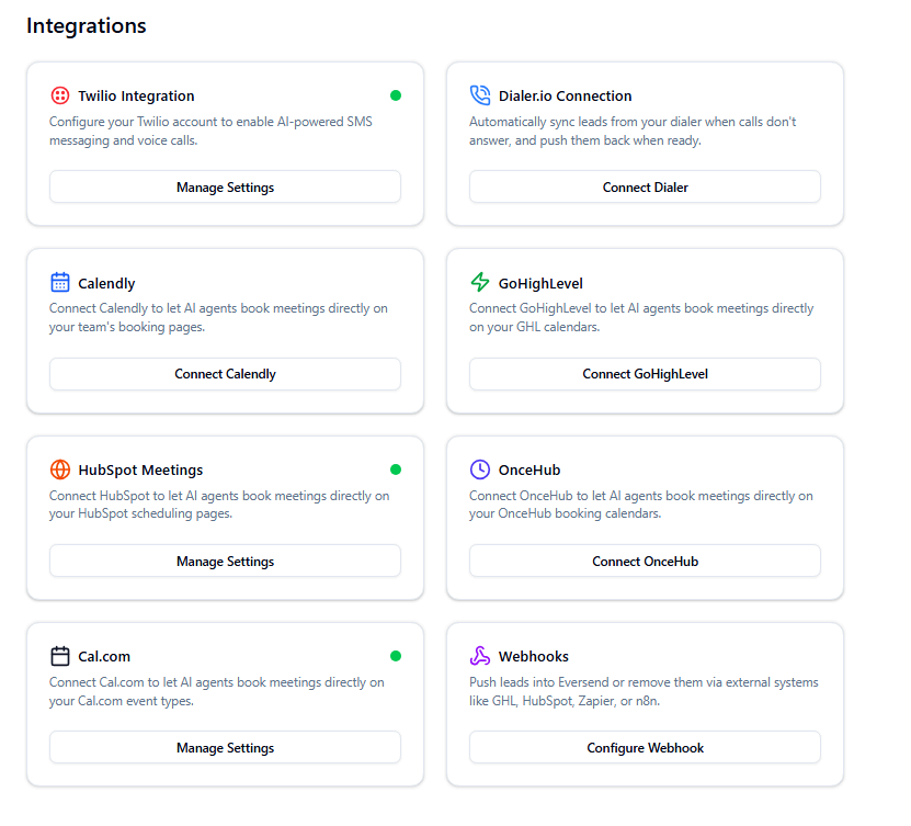 EVRSEND integrations panel showing connected platforms