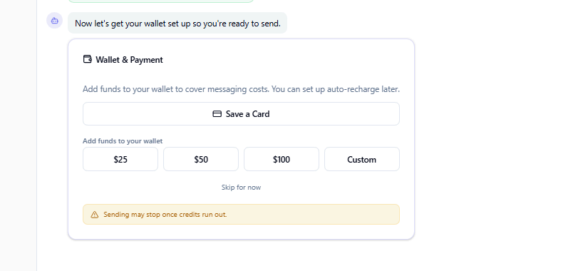 EVRSEND wallet and billing setup screen